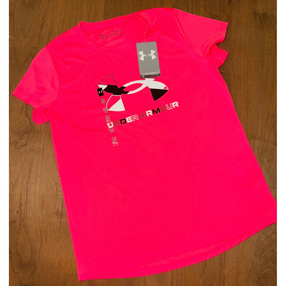 Under Armour Girls Pink Short Sleeve Graphic Logo Performance Tee Shirt YXL NWT